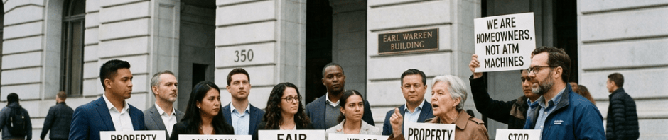 Group of people holding signs advocating for property owner rights and fair property taxes in front of the California Supreme Court