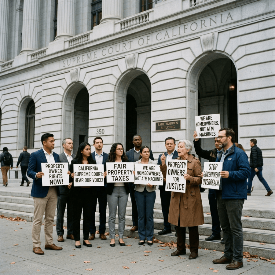 Group of people holding signs advocating for property owner rights and fair property taxes in front of the California Supreme Court