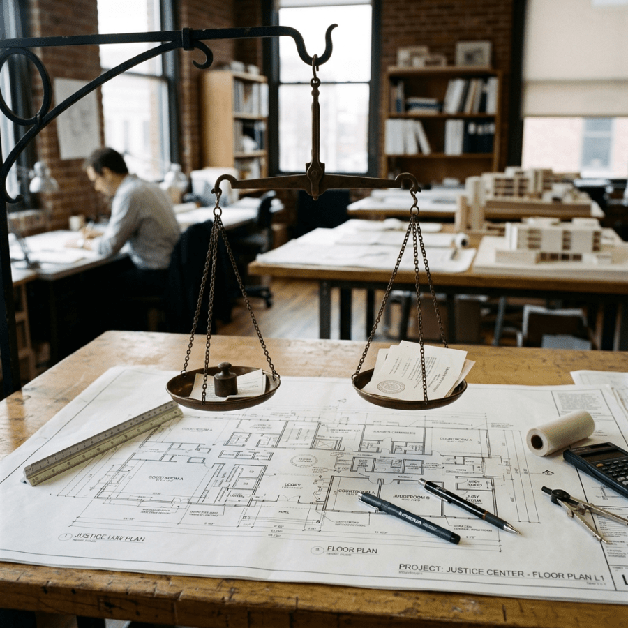 Floor plan for justice center with scale, ruler, pens, and weights on table